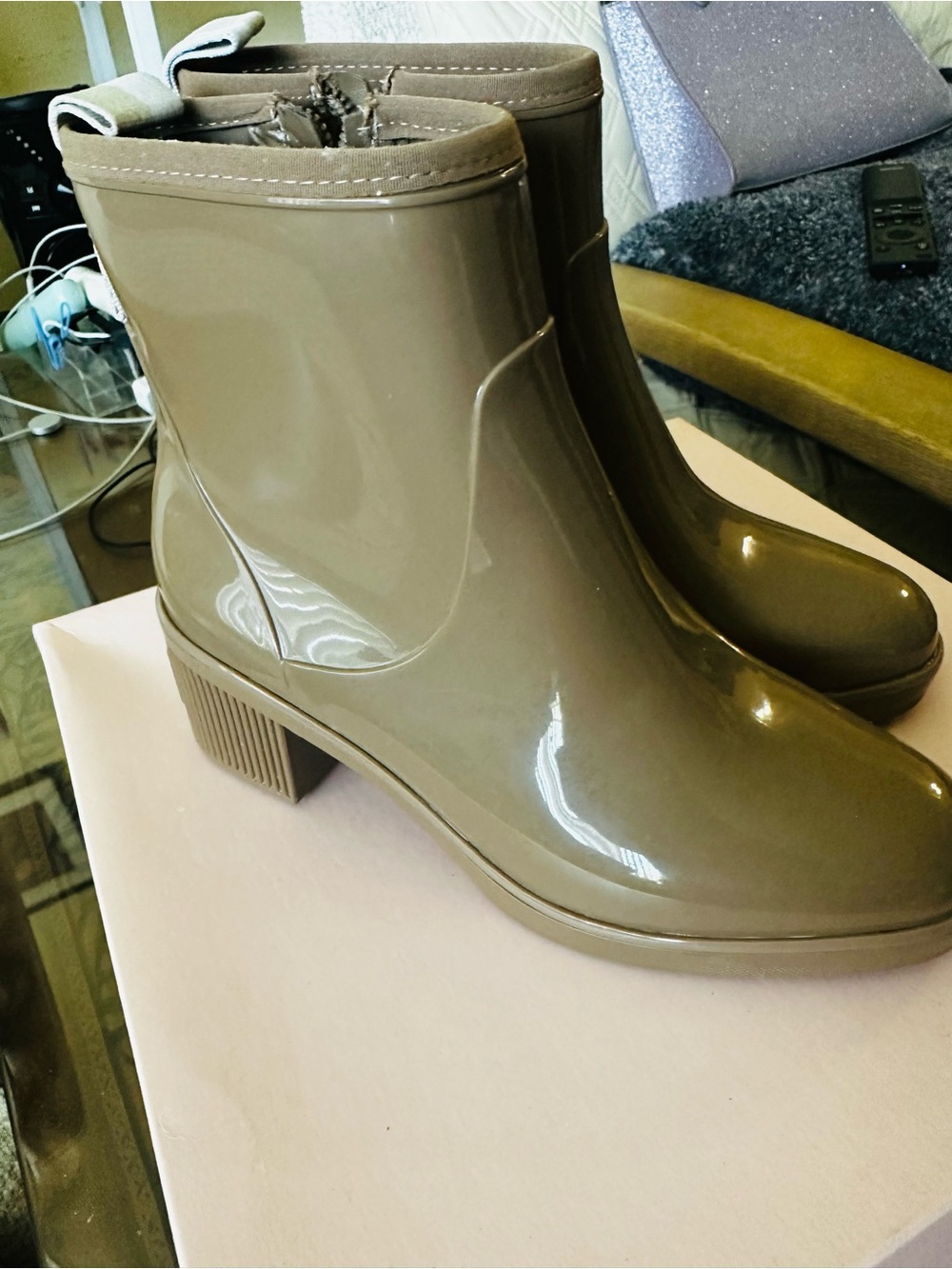 kate spade Glossy Taupe Patent Ankle Rain Boots